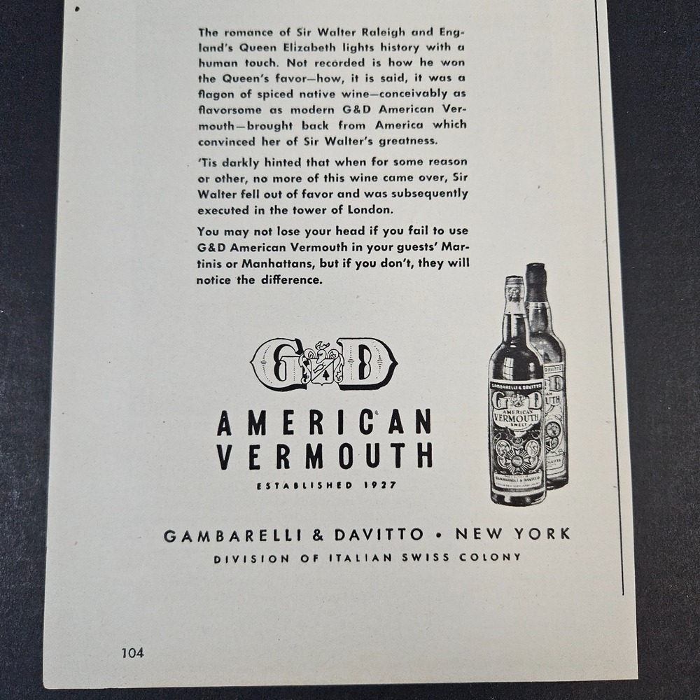 1945 G&D Gambarelli & Davitto American Vermouth Vintage Print Ad Walter Raleigh